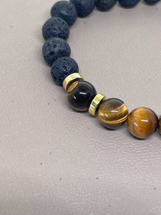 Armbånd svart lava,tigerøyne og gull