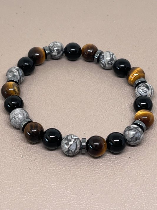 Tigerøyne grå Jasper og sort onyx