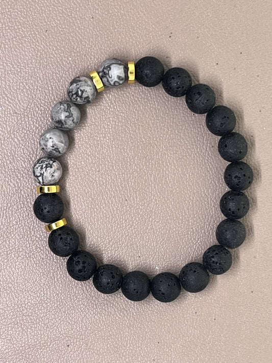 Armbånd svart lava, grå Jasper og gull