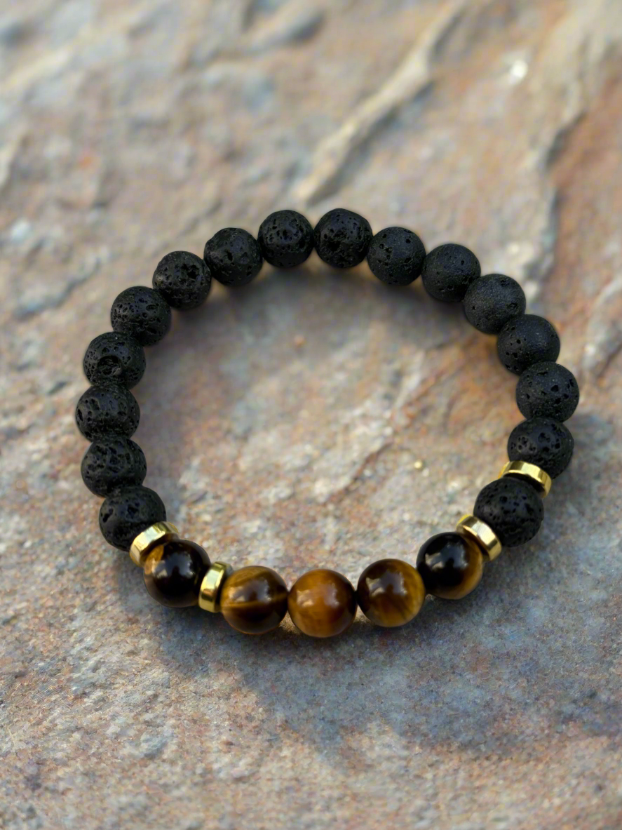 Armbånd svart lava,tigerøyne og gull - inluma