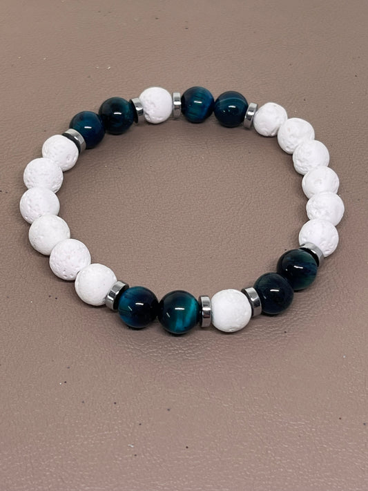 Armbånd Blå tigerøyne hvit lava