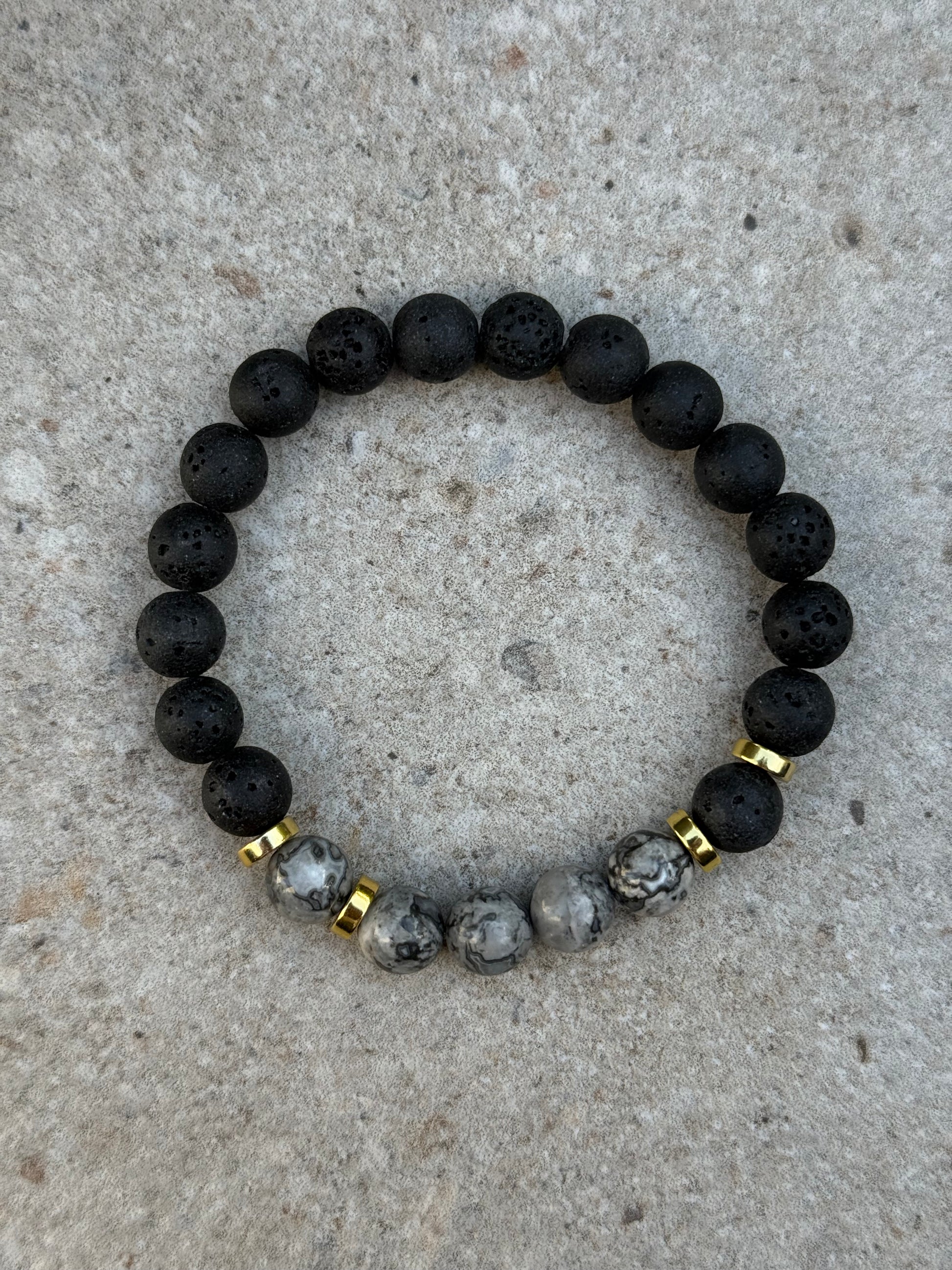 Armbånd svart lava, grå Jasper og gull - inluma