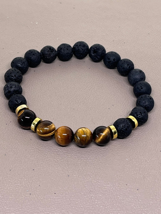 Armbånd svart lava,tigerøyne og gull